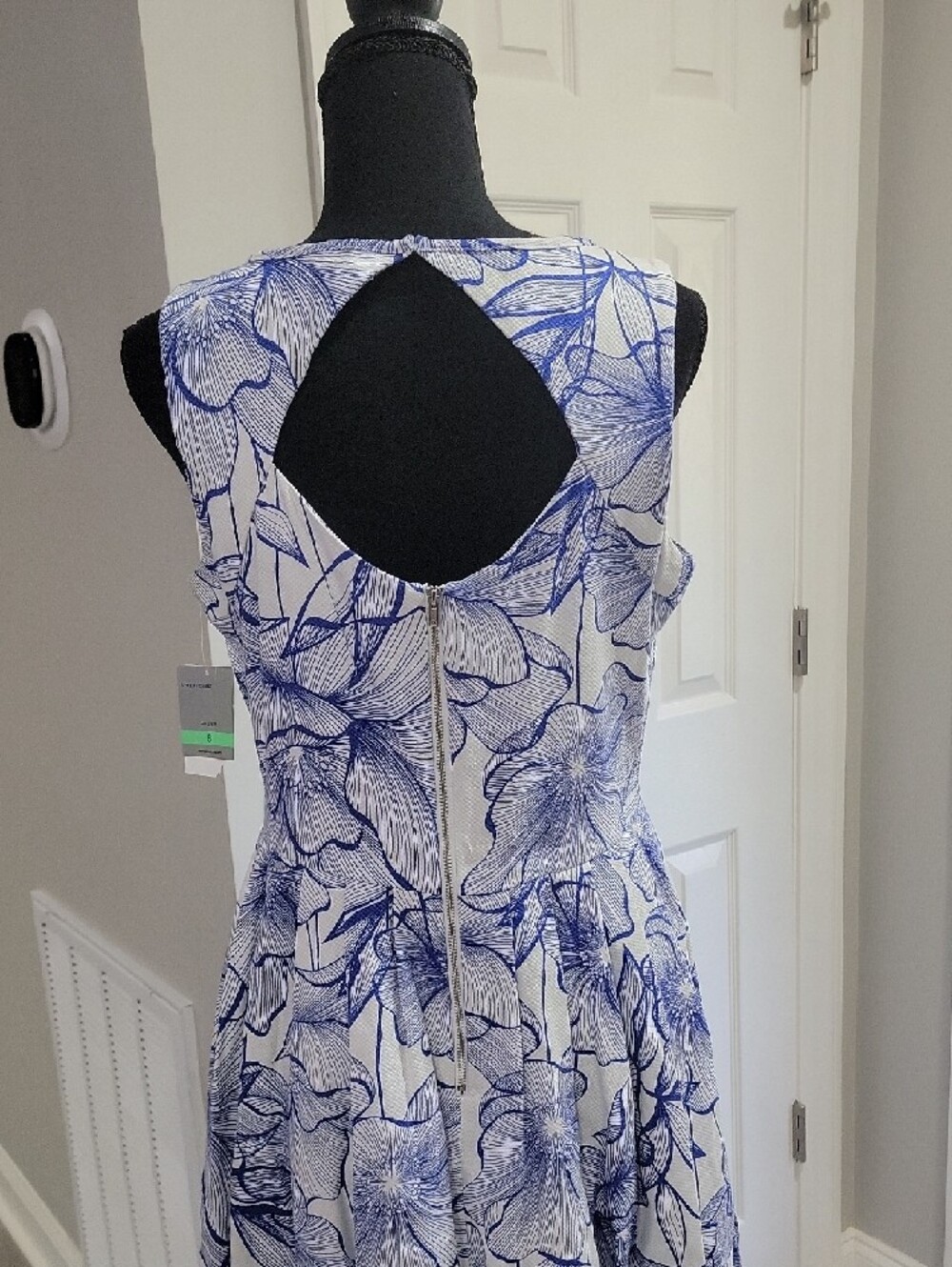 Sleeveless White & Blue Floral Fit-and-Flare Dress - Picture 4 of 11